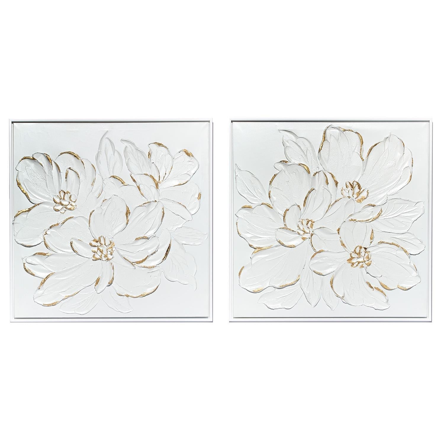 Two's Company Set of 2  White Florals with Gold Accent Wall Art