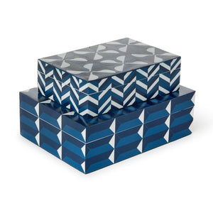 Tozai Home Set of 2 Cobalt Blue Covered Box with Inlaid Geometric Design - ECA003-S2