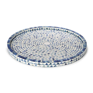 Two's Company Blue/Wht Triangle Inlaid Decorative Round Serving Tray