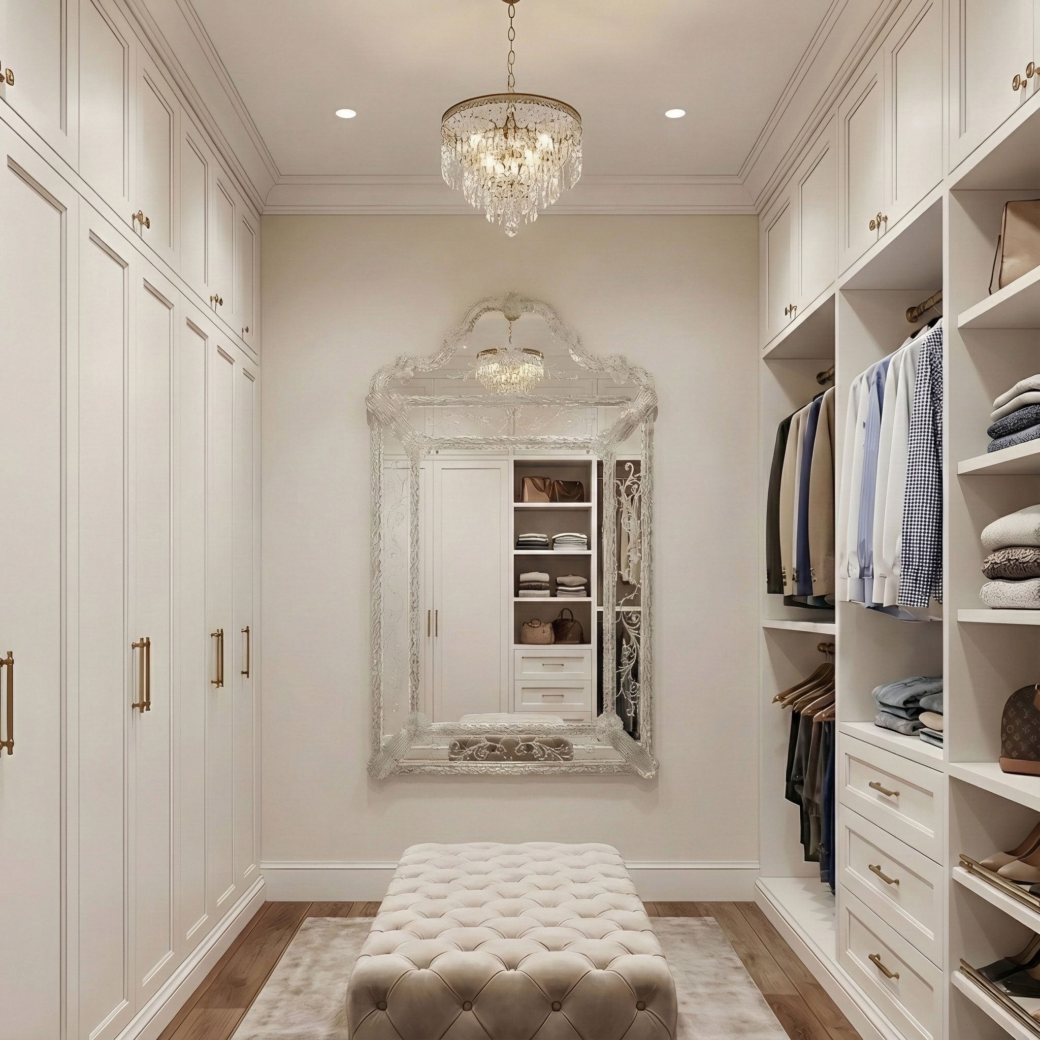 A silver Murano glass mirror in a walk-in closet with a chandelier hanging above it.