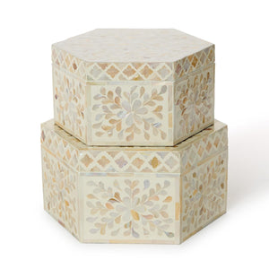 Tozai Home Opalescent, Set of 2 Mother of Pearl Hexagon Boxes - LAC136-S2