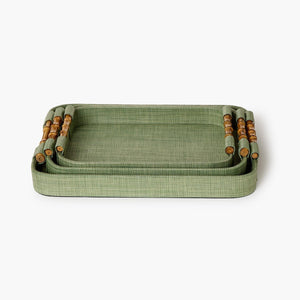 Tozai Home Monaco Set of 3 Green Faux Seagrass Nested Decorative Rectangle Trays with Oval Corner and Bamboo Handles - MAC101GRN-S3