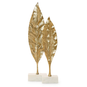 Tozai Home Set of 2 Golden Leaf Sculpture on Marble Base - NND001-S2