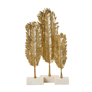 Tozai Home Set of 3 Golden Feather Leaf Sculpture on Marble Base - NND002-S3