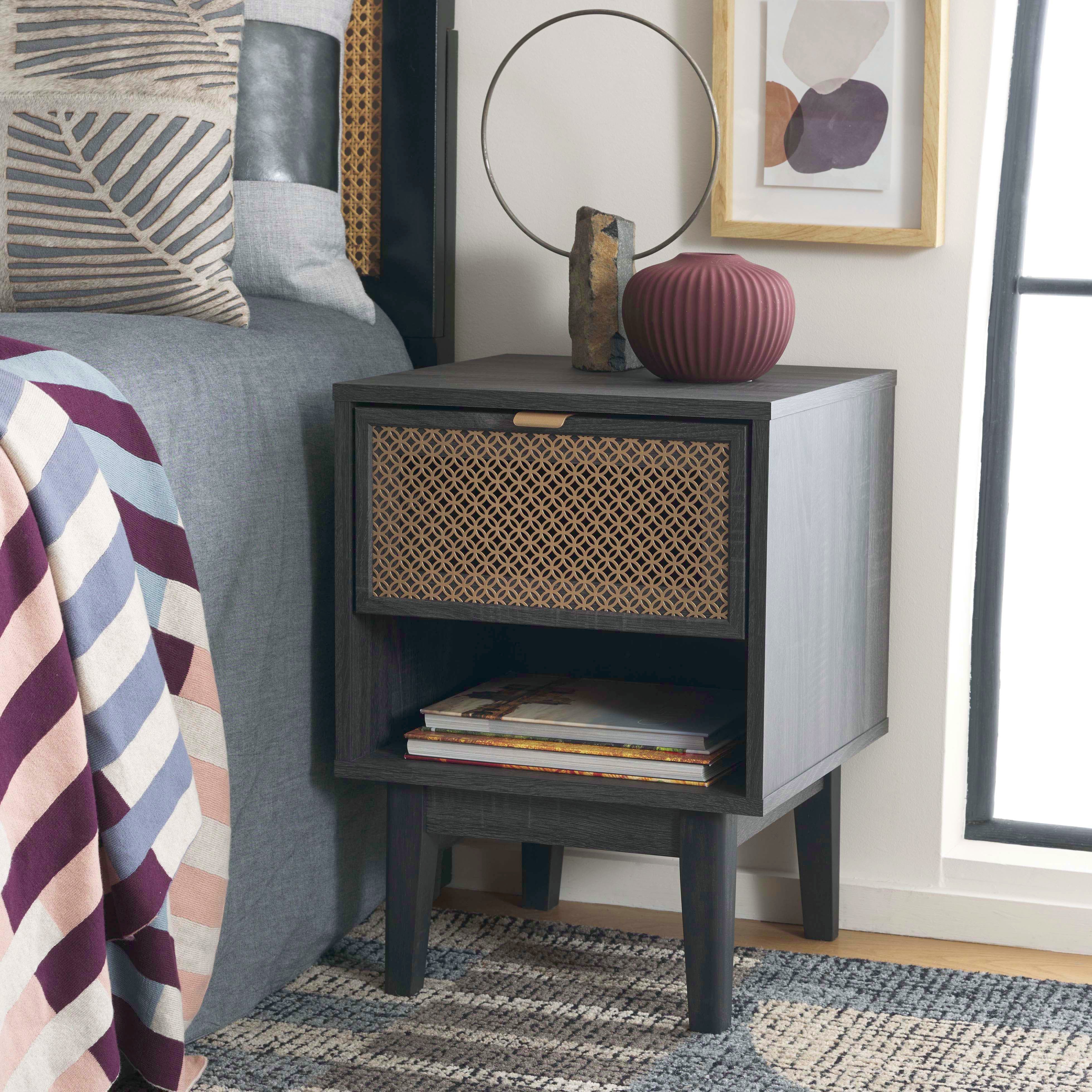 Safavieh Ceu 1 Drawer Nightstand, NST9604 - Distreesed Black/ Gold