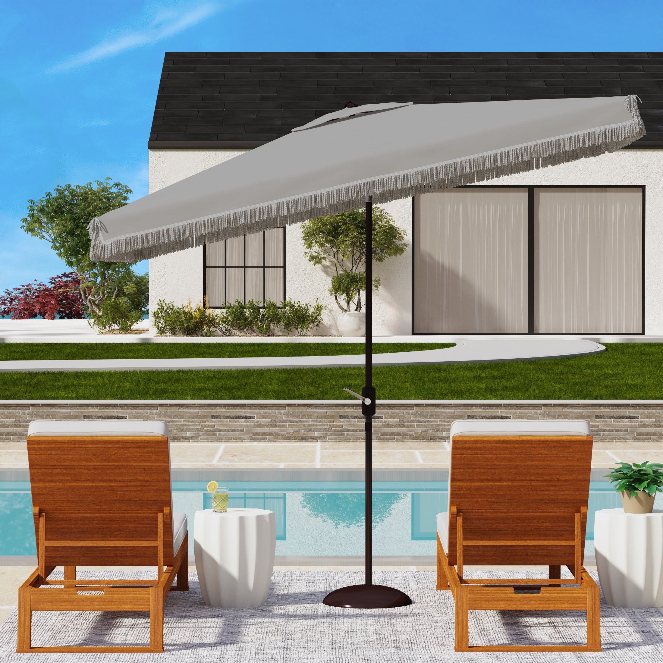 Safavieh Milan Fringe 6.5 X 10 Ft Rect Crank Umbrella , PAT8308 - White