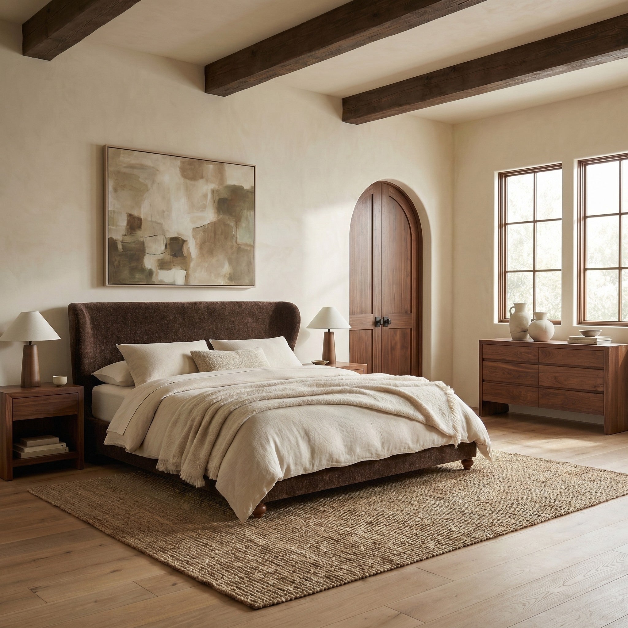 Lakelyn Chenille Wingback Bed – BROWN / WALNUT