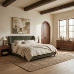 Lakelyn Chenille Wingback Bed – OLIVE GREEN / WALNUT