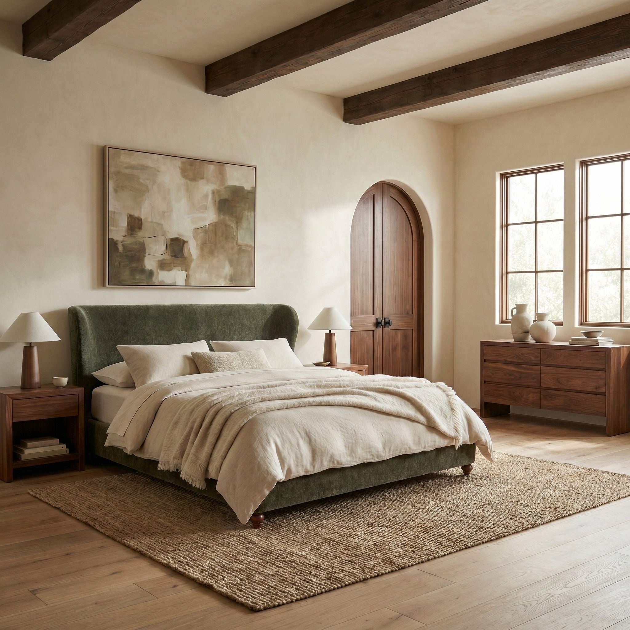 Lakelyn Chenille Wingback Bed – OLIVE GREEN / WALNUT