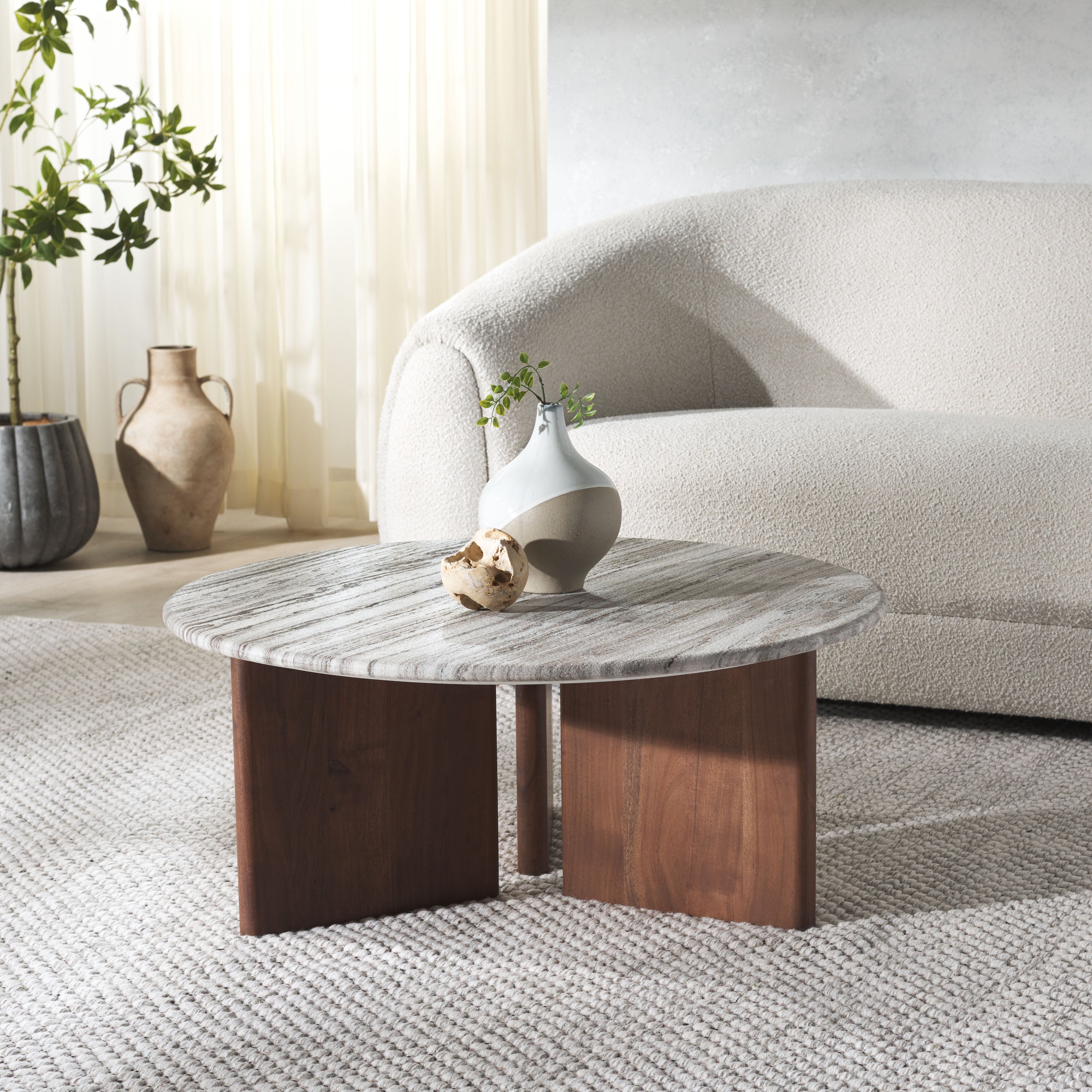 Safavieh Couture Lauresse Round Marble Top Coffee Table, SFV9723 - Walnut / Grey