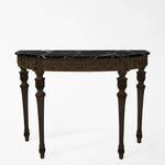Traditional black console table with black Nero Marquina marble top.