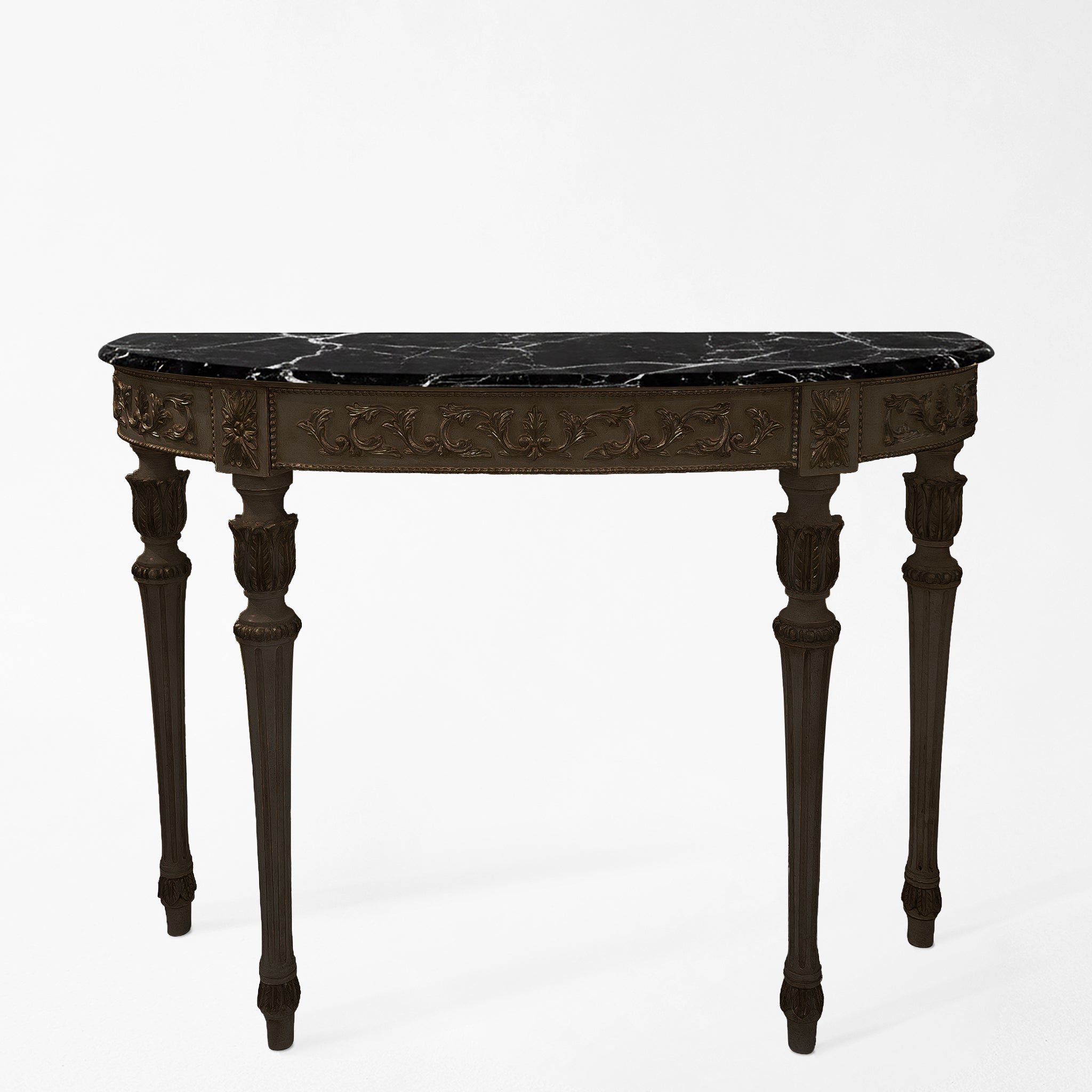 Traditional black console table with black Nero Marquina marble top.