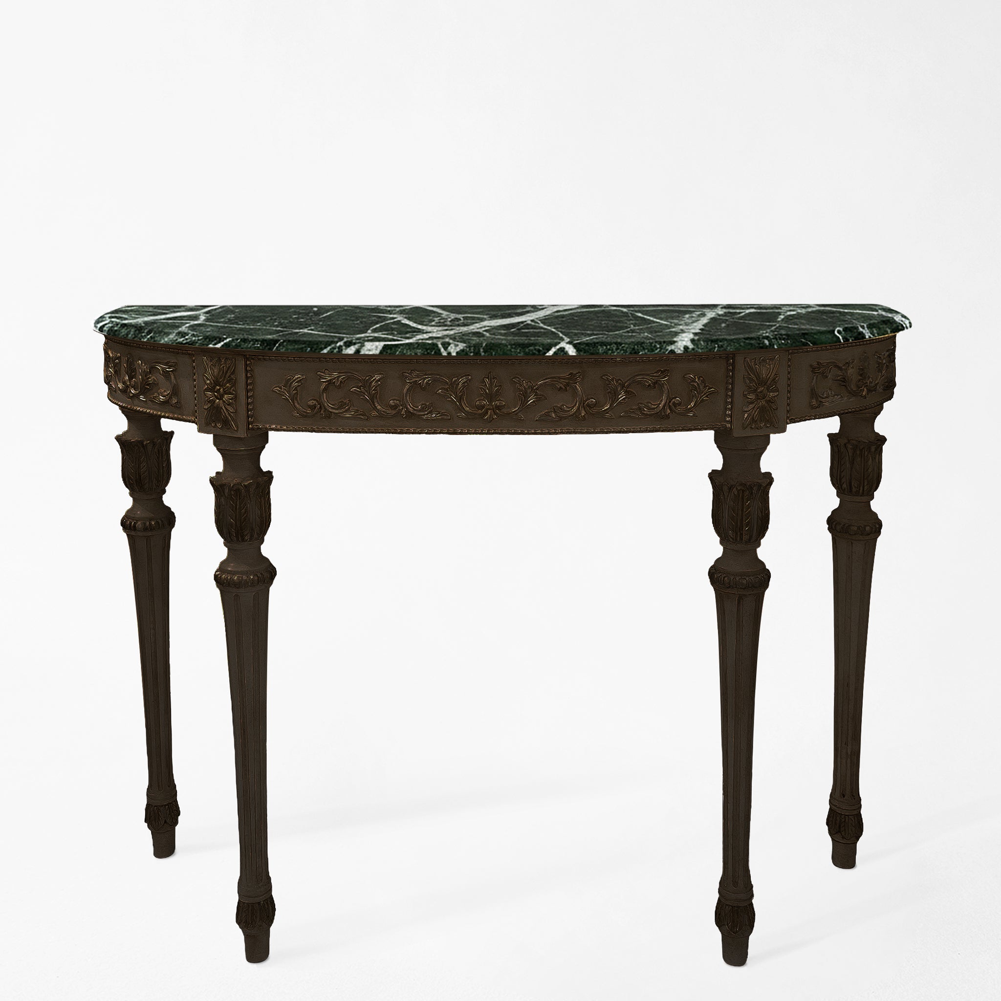 Traditional black console table with green Verde Alpi marble.