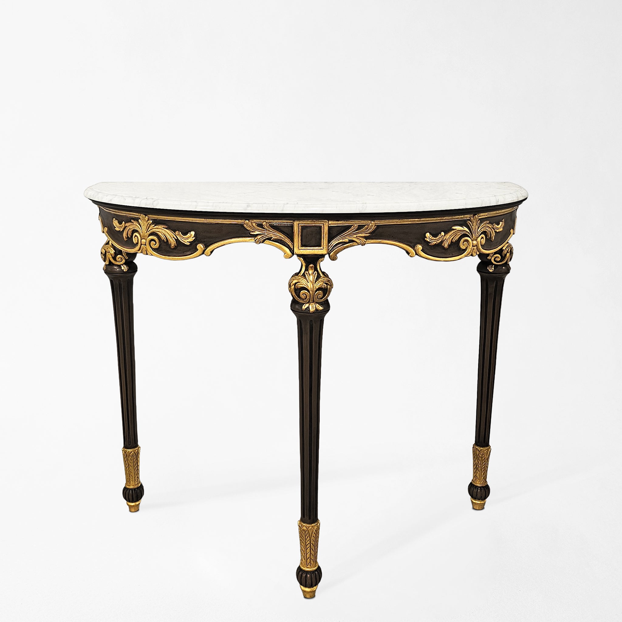 Traditional black console table with gold details and white marble.