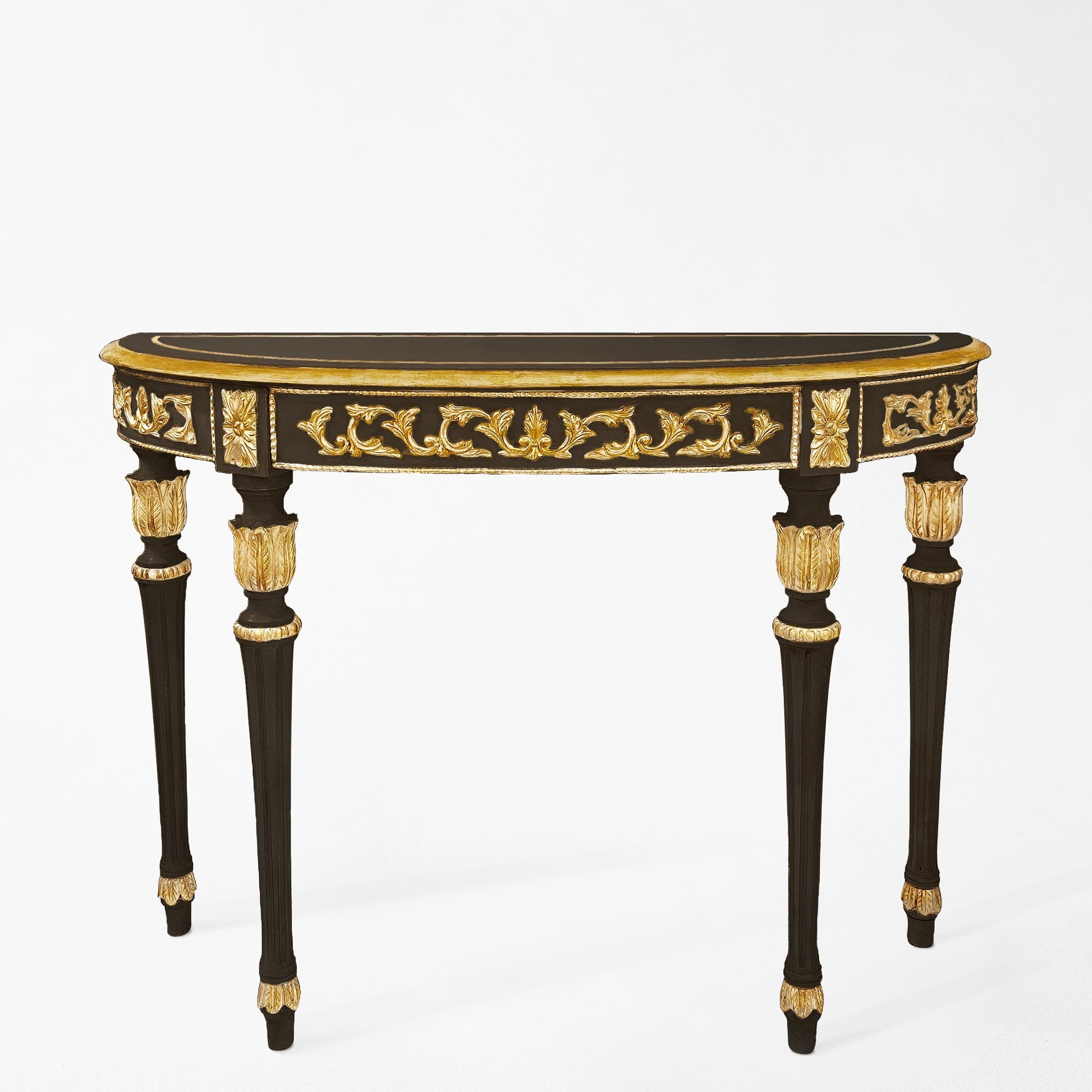 Traditional black console table with intricate gold details.