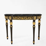 Traditional black console table with gold details and black Nero Marquina marble top.