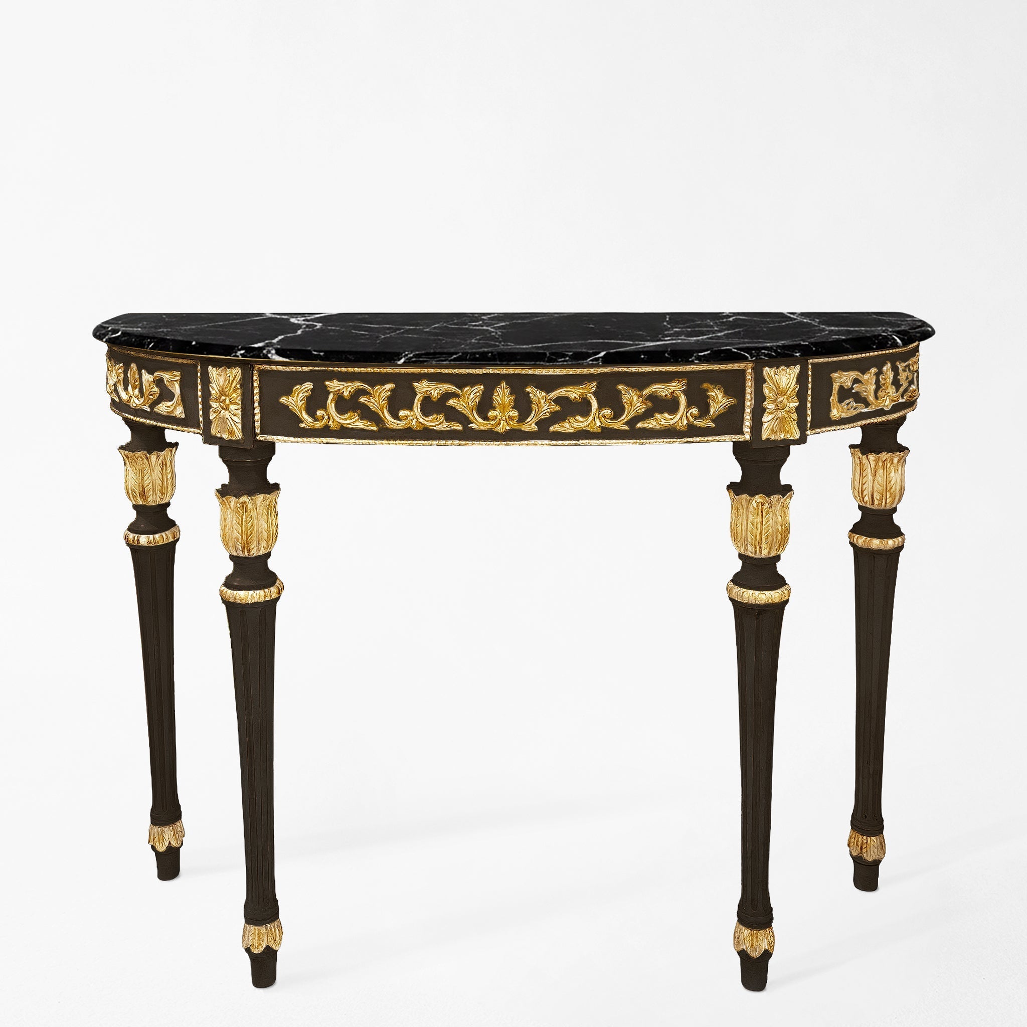 Traditional black console table with gold details and black Nero Marquina marble top.
