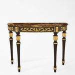 Traditional black console table with gold details and brown Emperador marble top.