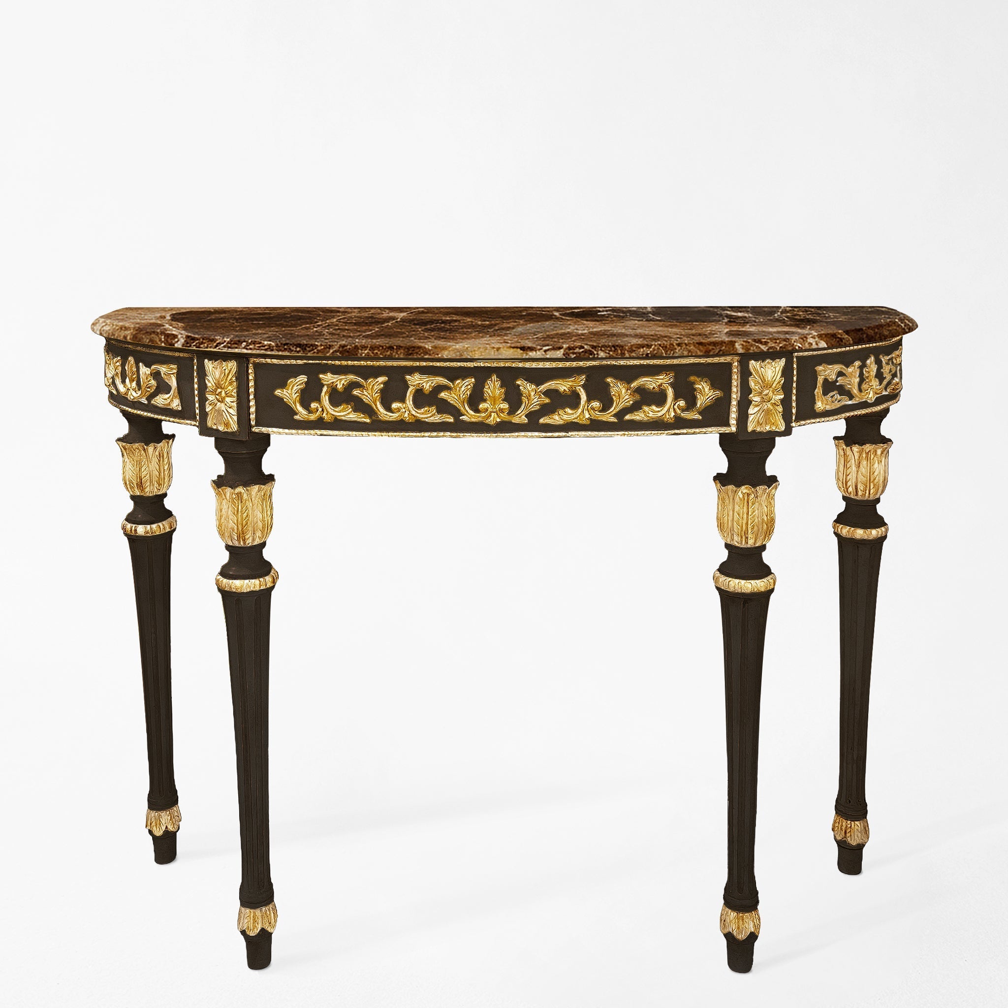 Traditional black console table with gold details and brown Emperador marble top.