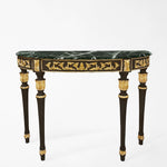 Traditional black console with gold details and green Verde Alpi marble top.