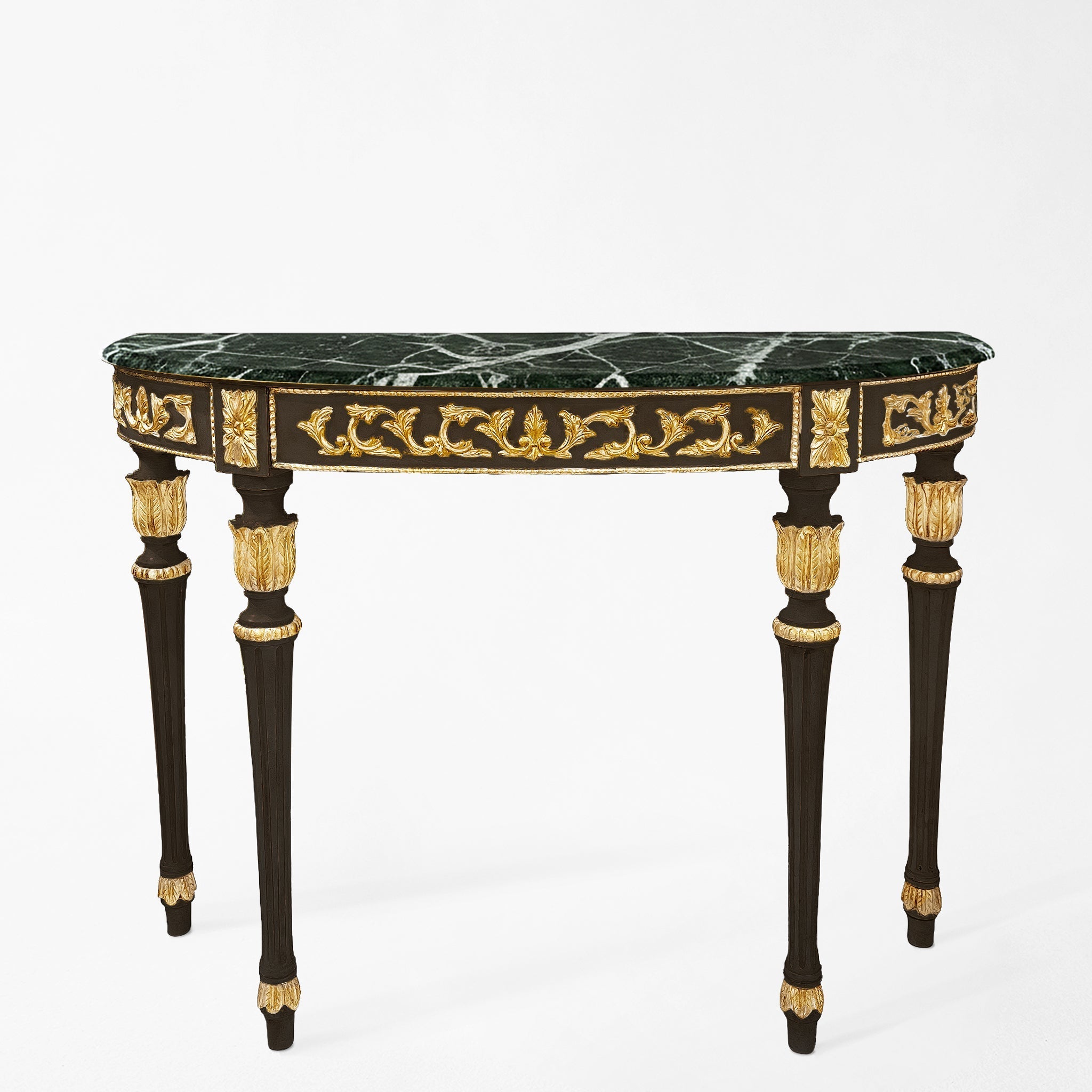 Traditional black console with gold details and green Verde Alpi marble top.