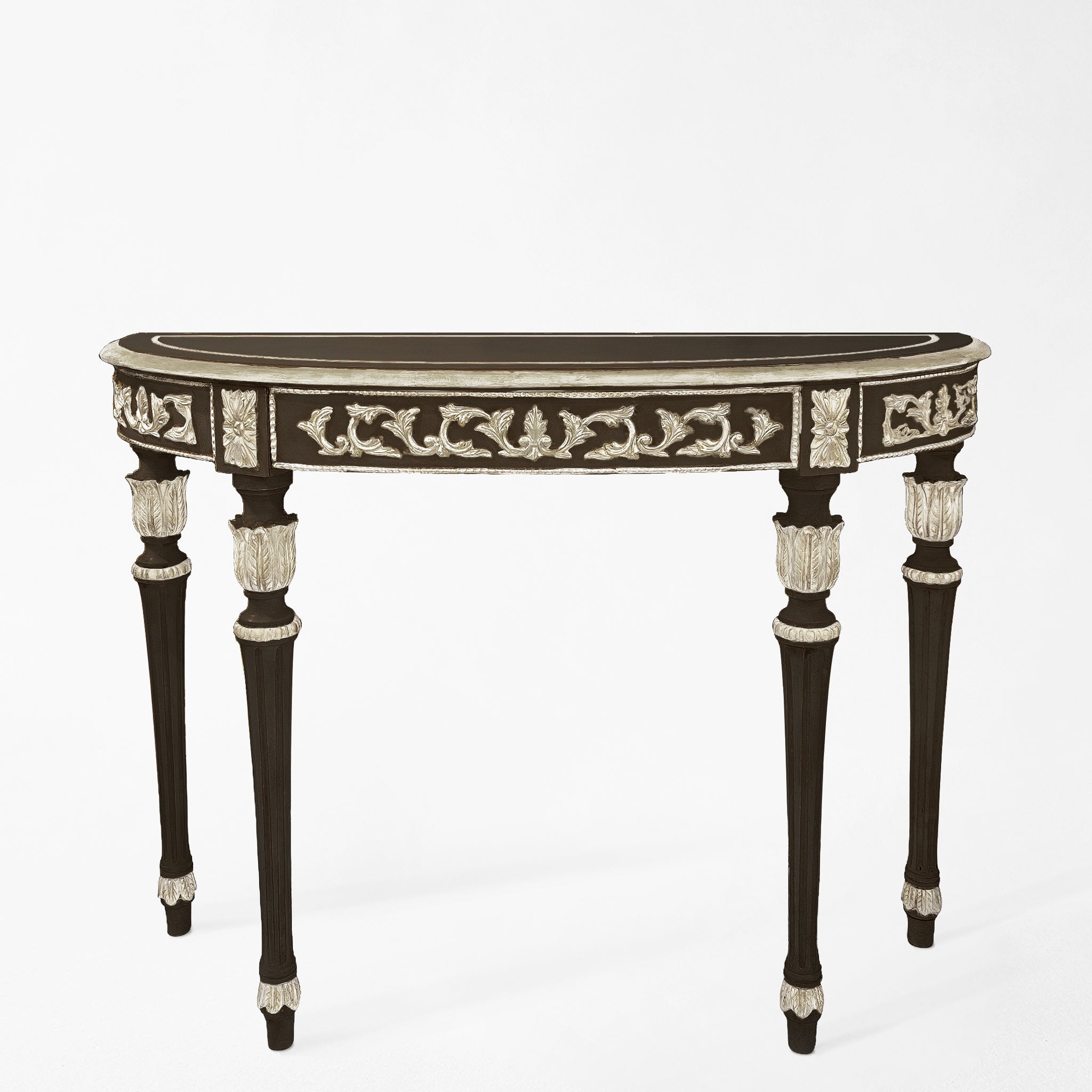 Traditional black console table with intricate silver details.
