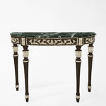 Traditional black console table with silver details and green Verde Alpi marble top.