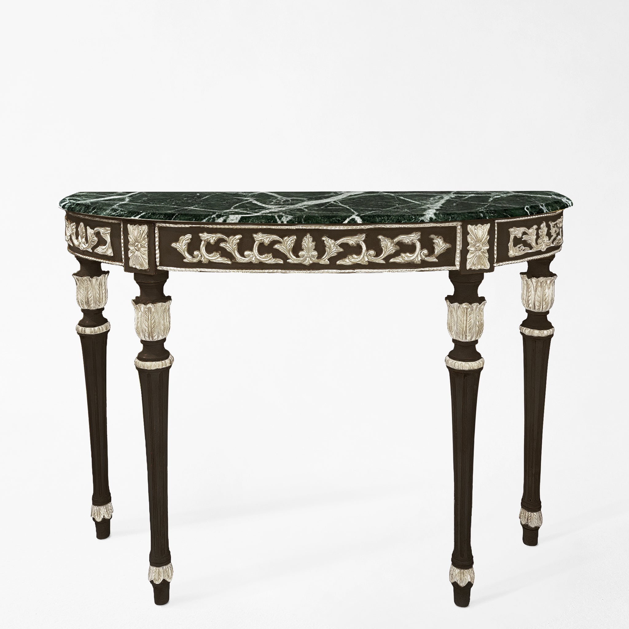 Traditional black console table with silver details and green Verde Alpi marble top.