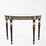 Traditional black console with silver details and white marble top.