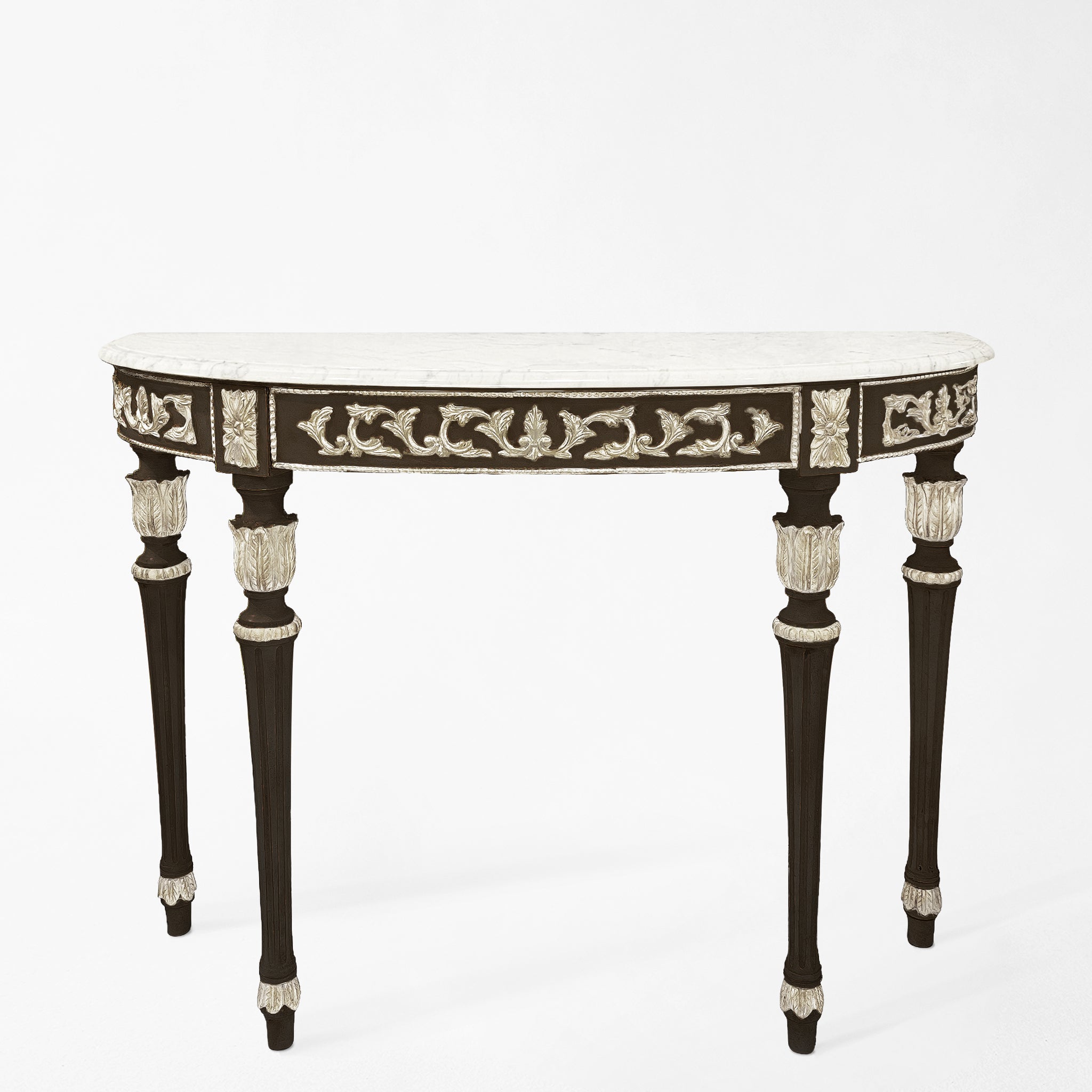 Traditional black console with silver details and white marble top.