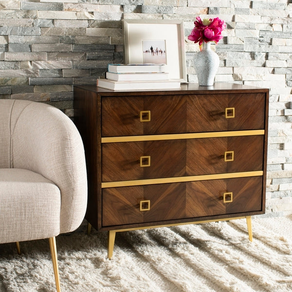 Safavieh Katia 3 Drawer Chest, CHS6413 - Chevron Walnut/Gold