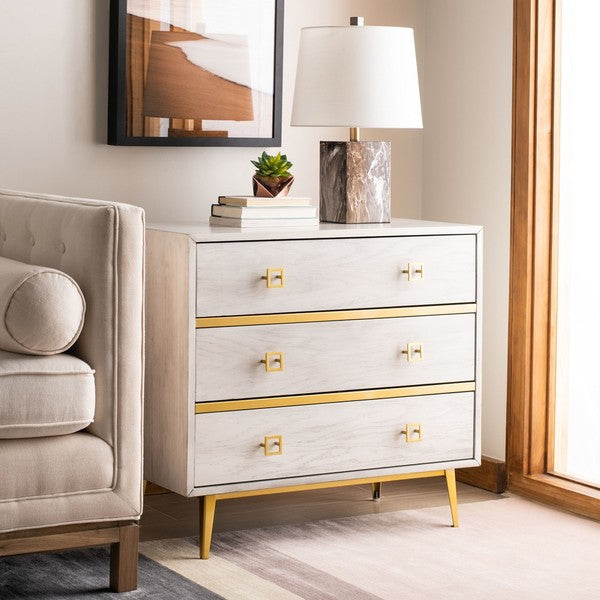 Safavieh Katia 3 Drawer Chest, CHS6413 - White Wash/Gold