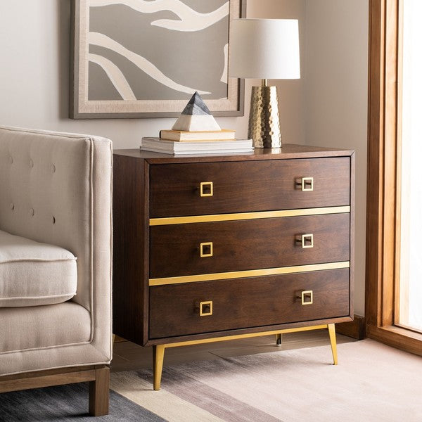 Safavieh Katia 3 Drawer Chest, CHS6413 - Walnut/Gold