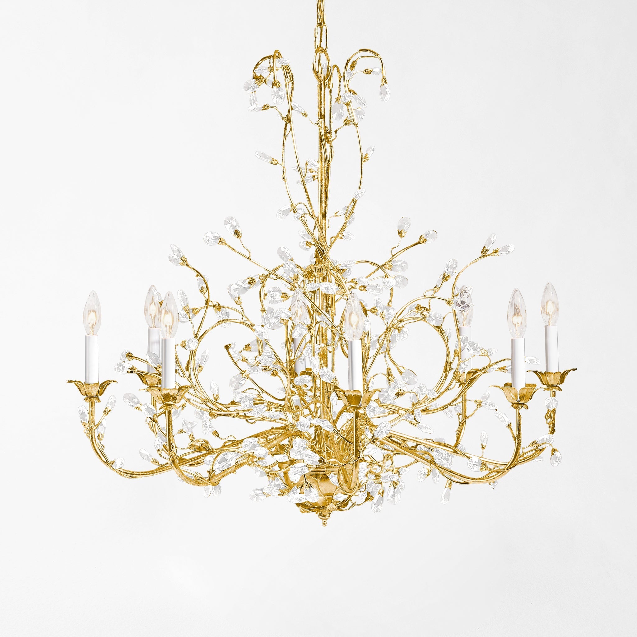 Gold chandelier with crystal drops.