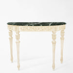 Traditional white console table with green Verde Alpi marble top.