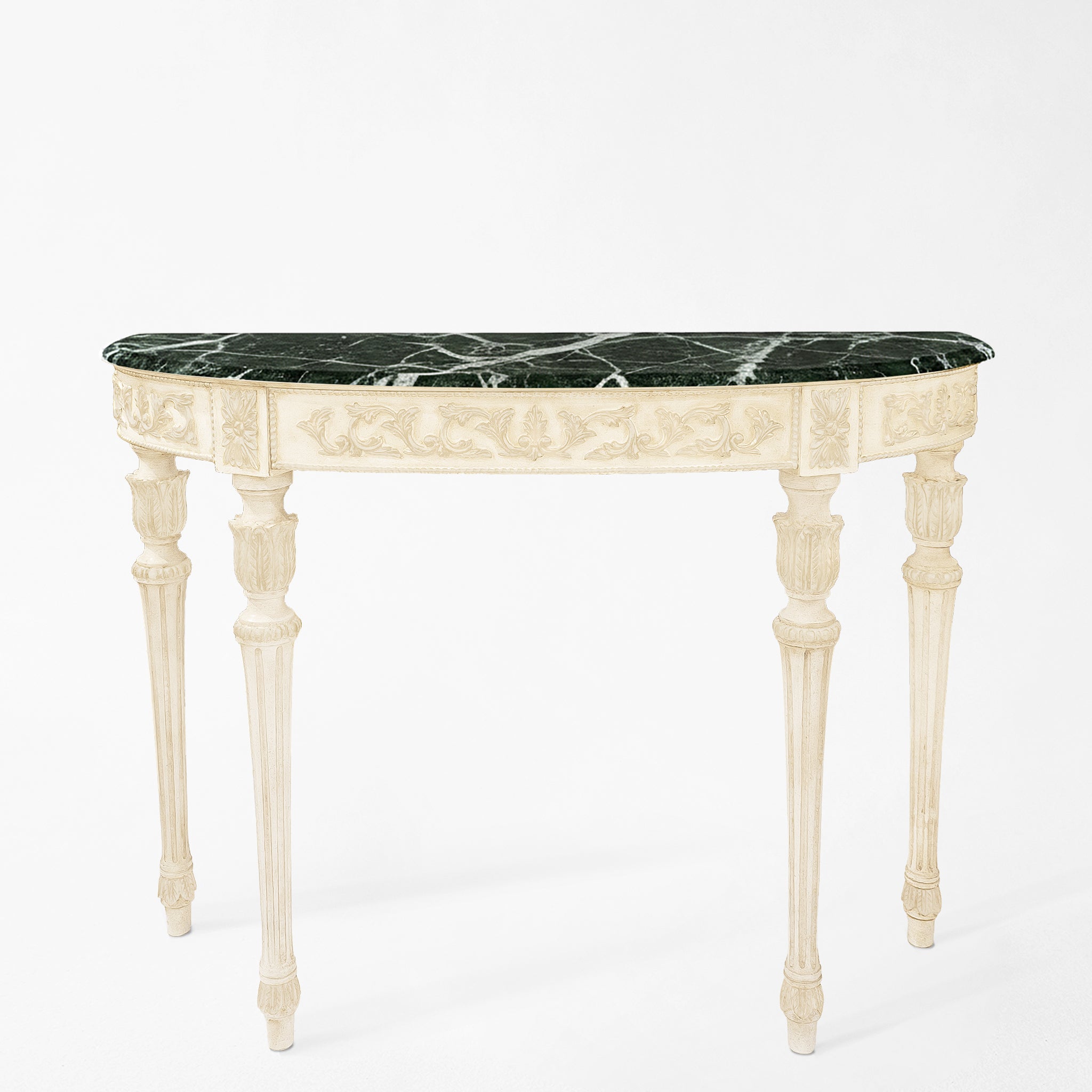 Traditional white console table with green Verde Alpi marble top.