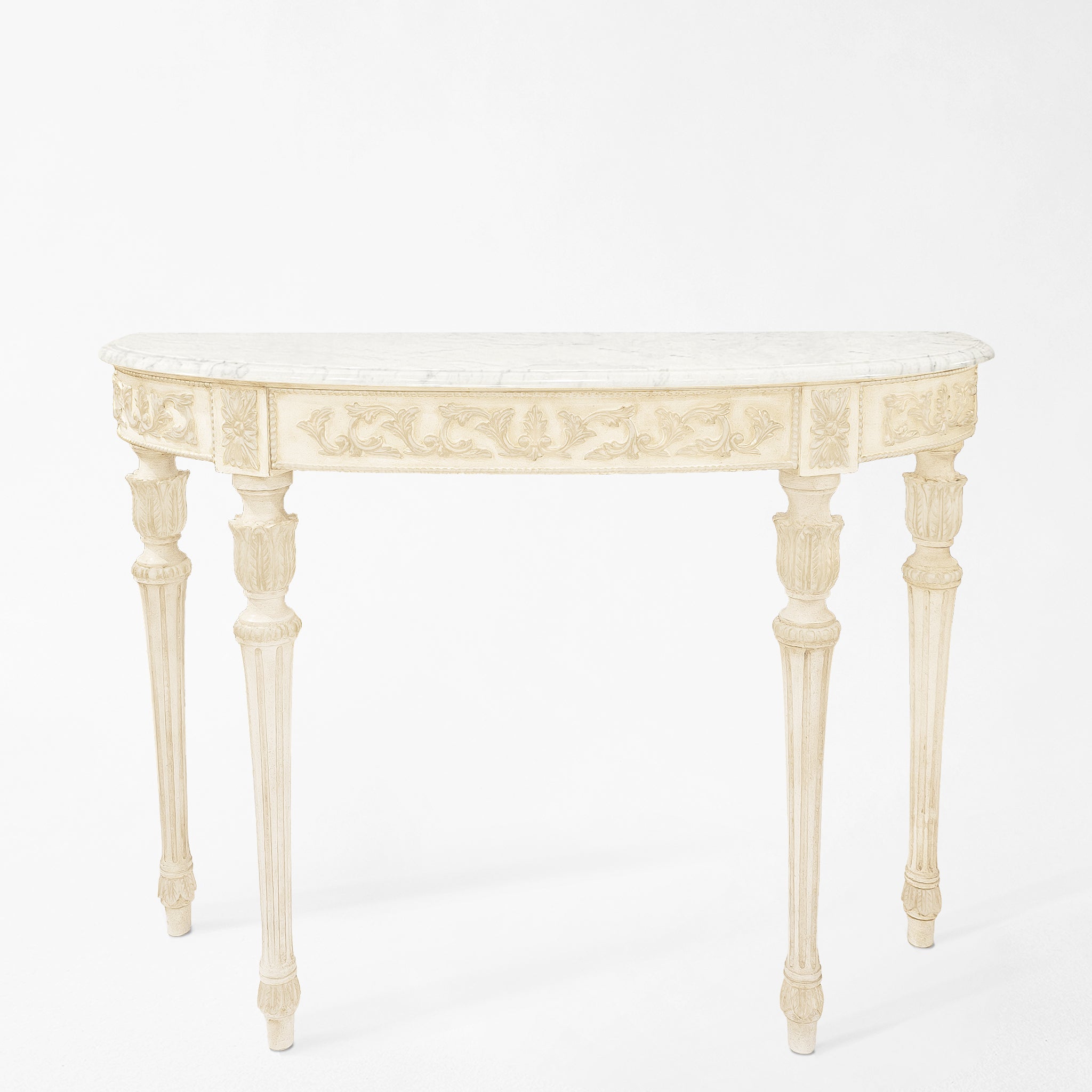 White console table with white marble top.