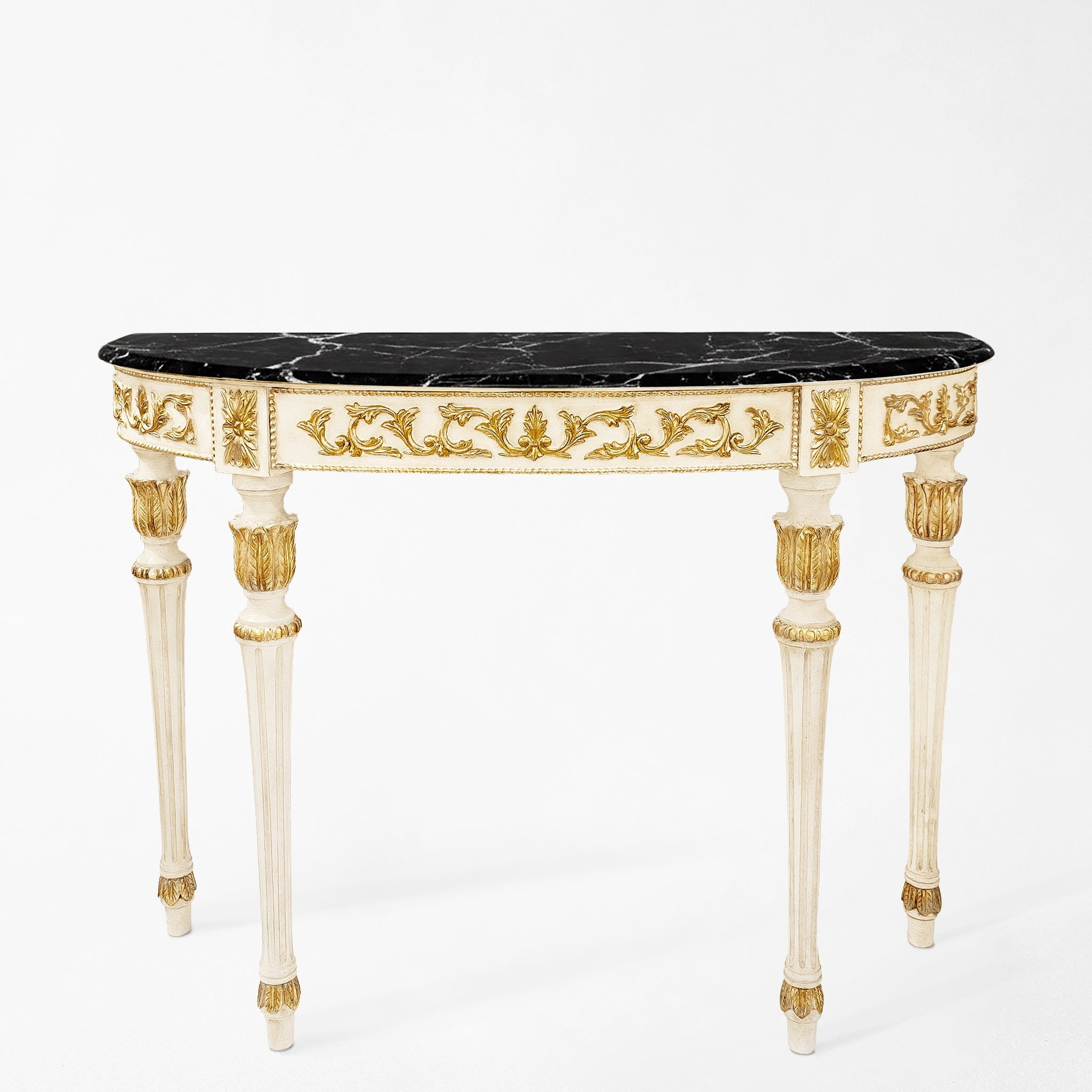 Ornate white and gold console table with black marble top.
