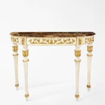 Traditional white console with gold details and brown Emperador marble top.