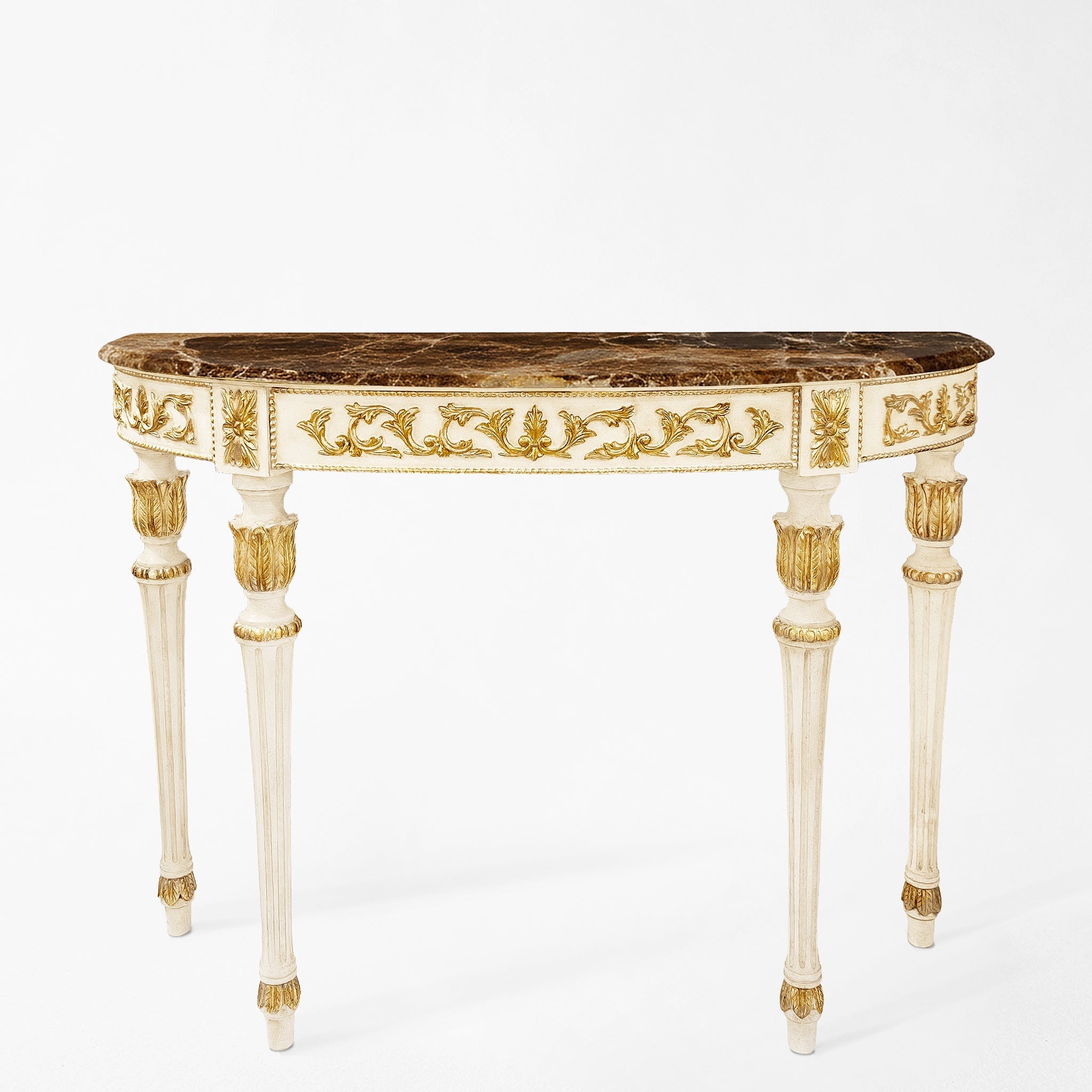 Traditional white console with gold details and brown Emperador marble top.
