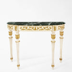 Traditional white console table with gold details and green Verde Alpi marble top.