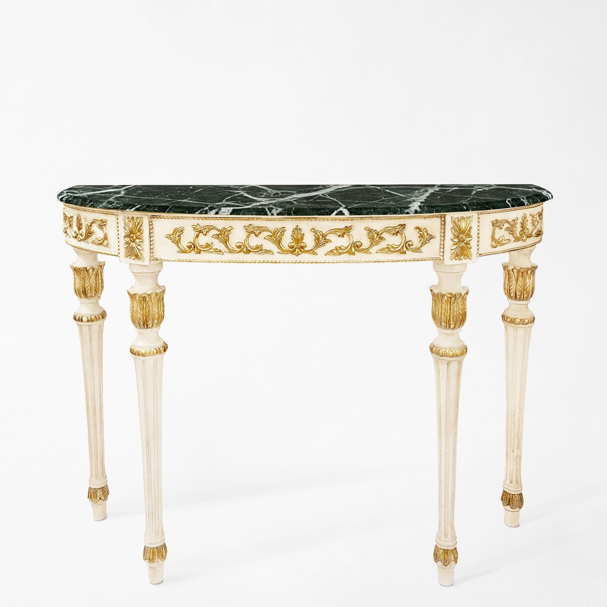 Traditional white console table with gold details and green Verde Alpi marble top.