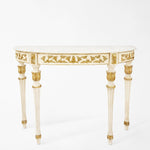 White and gold console table with white marble top.