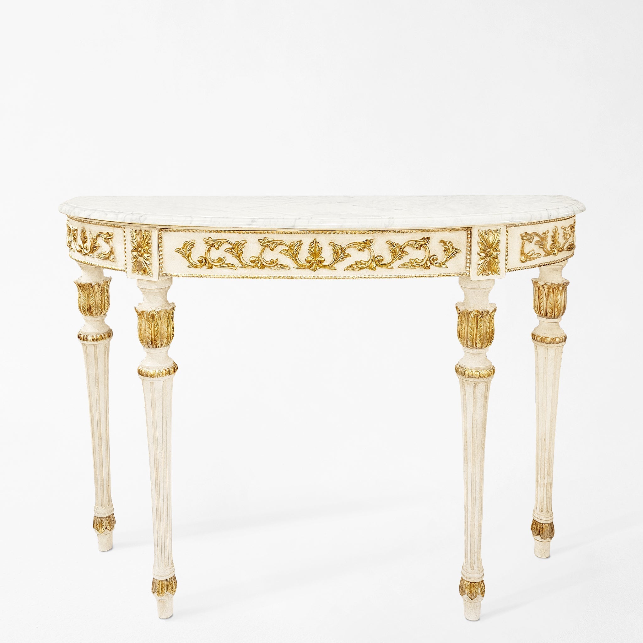 White and gold console table with white marble top.
