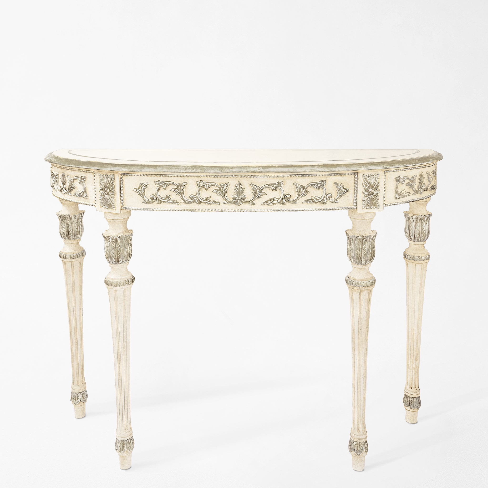 Traditional Italian white console table with carved silver leaf details.