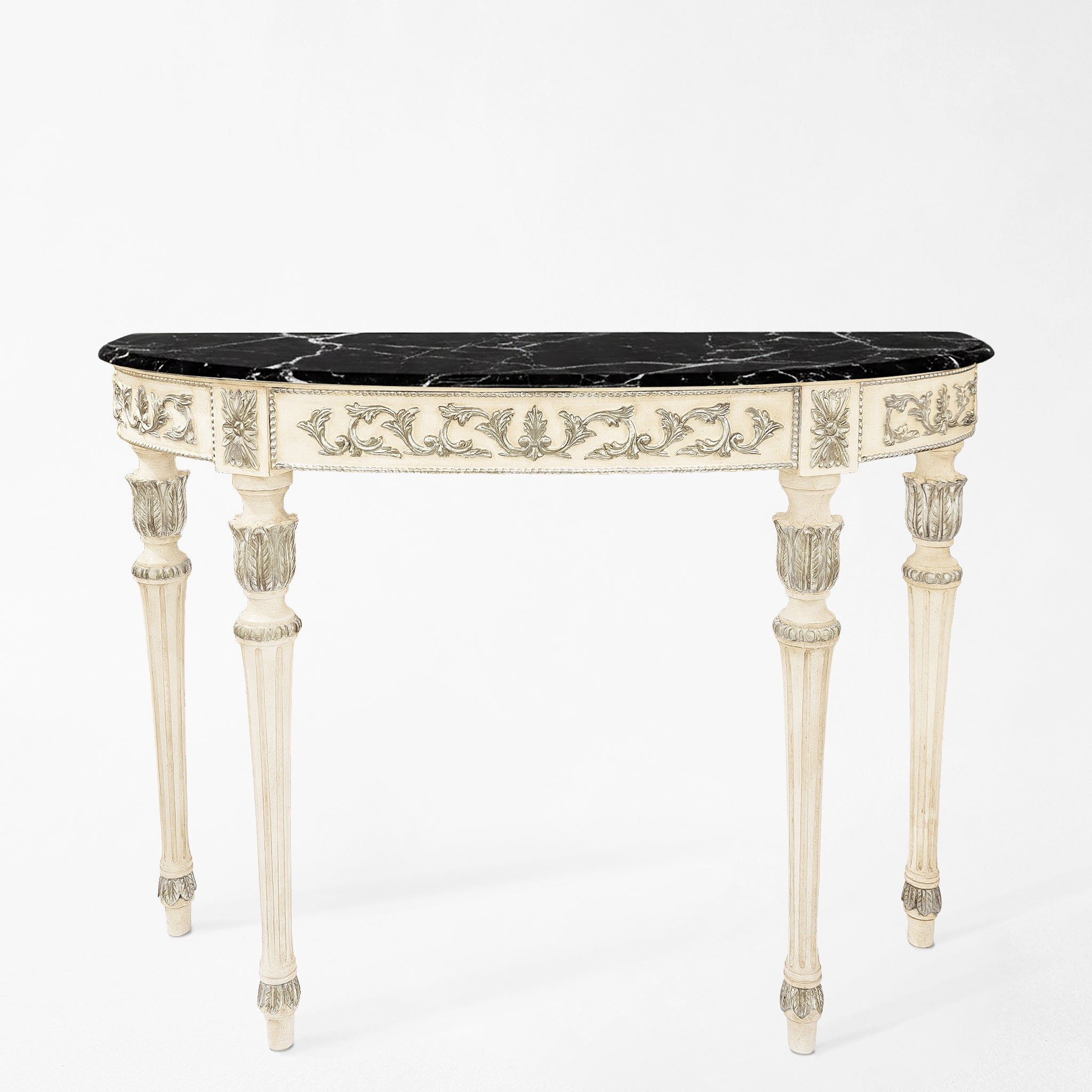 Ornate white and silver console table with black marble top.