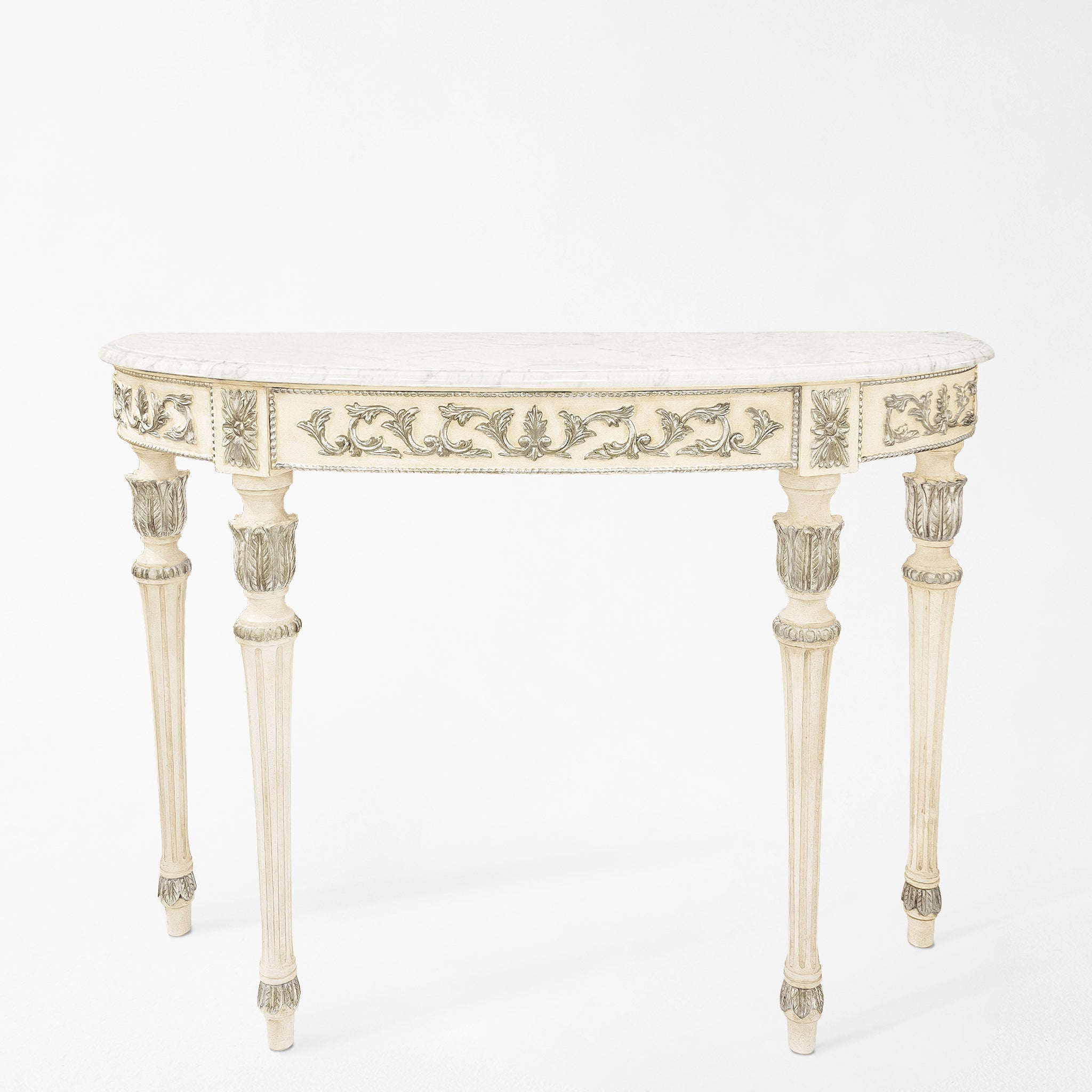 White and silver console table with white marble top.
