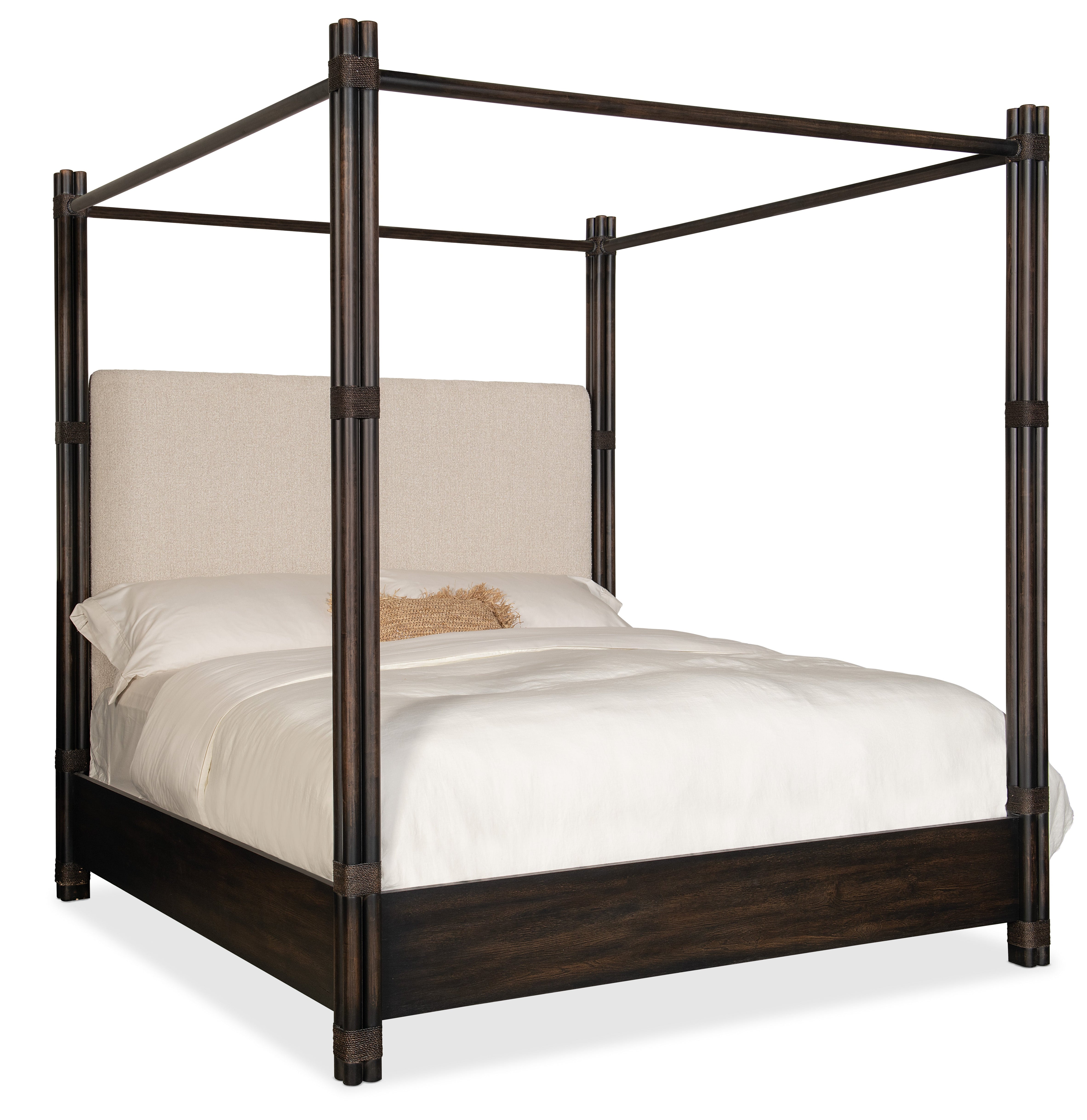 Retreat Pole Rattan King Upholstered Poster Bed w/Canopy | Hooker - 6950-90466-99