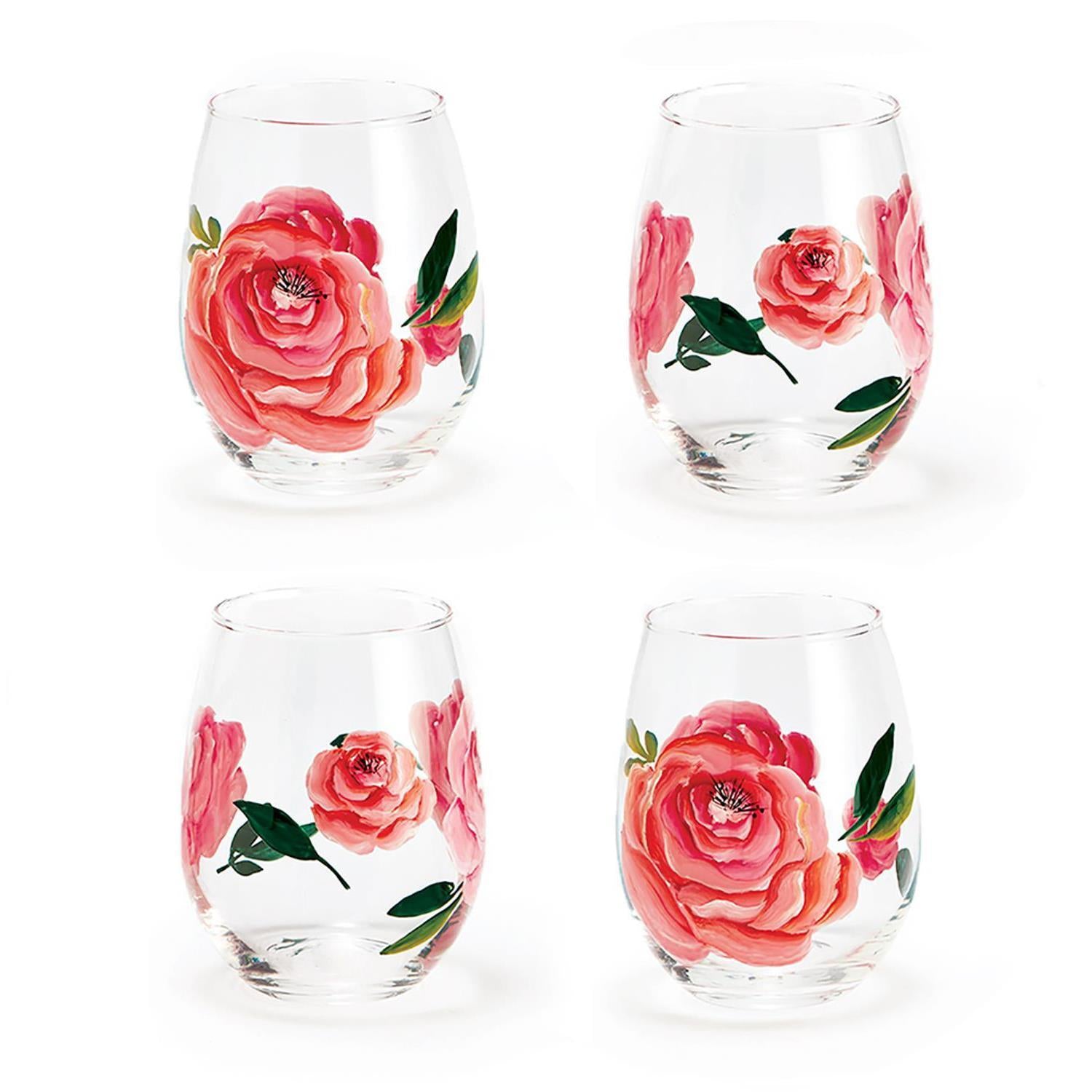 Two's Company S/4 Roses Wine Glass Includes 2 Designs