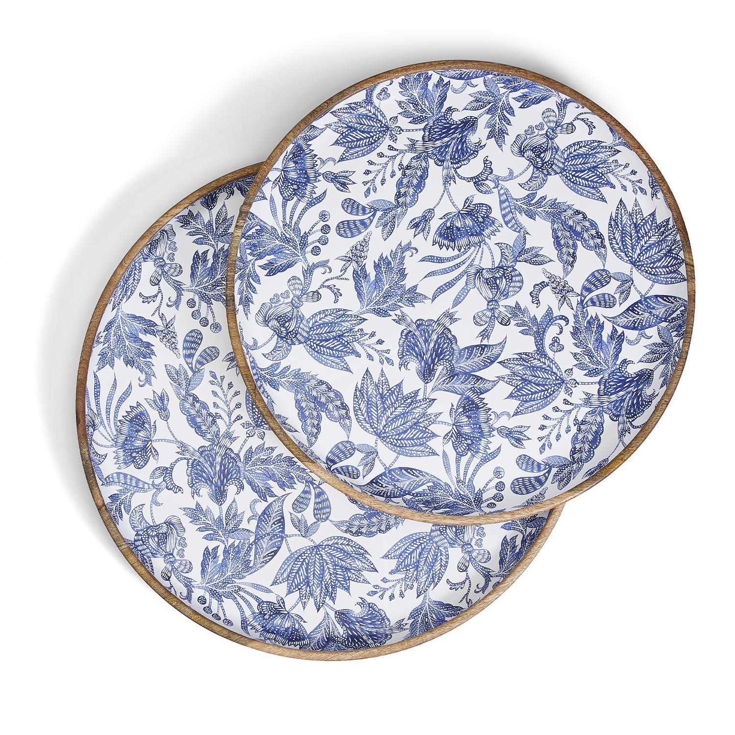 Two's Company Blue Batik S/2 Hand-Crafted Wood Round Trays